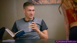 College student fucks for a sip of coffee in the library