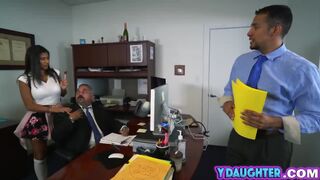 Slutty brunette school girl fucks her dad's huge dick employee