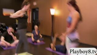 Couple yoga session and threesome sex with cute babe