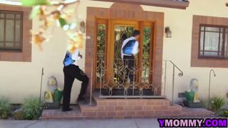 Flexible brunette milf flying threesome BBC sex