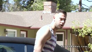 Dude spying huge boobs hottie washing car outdoor