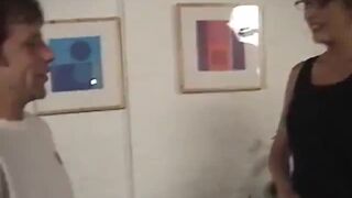 Sexy blonde MILF with glasses passionately sucks tattooed guy's dick