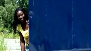 Pretty chocolate pussy girl interracial cocks blowjob outdoor