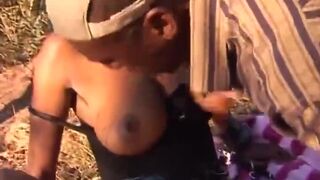 African slut outdoors fucking small tits missionary