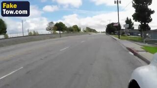 Towing truck blowjob sucking big dick brunette