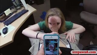 Blonde woman railed by nasty pawn dude in his office