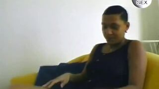 Short hair African chick masturbate jerk white cock