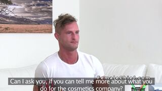 Strong chest dude bangs female agent in office