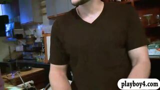 Two brunettes banged by bald dude in the bar for cash
