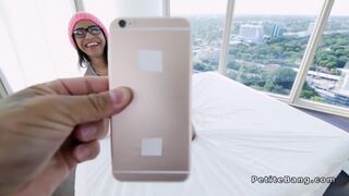 Petite busty ebony takes huge dick