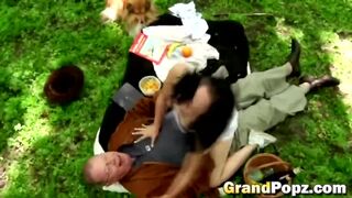 Older man has an amazing picnic with a slutty brunette teen who is all about sex