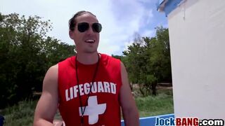 Handsome tattoed jock fucking lifeguard guy outdoor