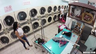 Busty Annika Eve gets fucked on a laundry area by a pervy hunk stud