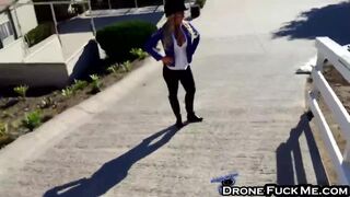 Rich brunette babe takes doggy fucking outdoor with strangers