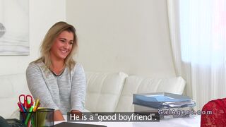Blonde lesbo eats cunt to female agent in office