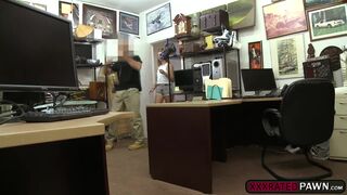 Horny lesbian couple fucks a horny pawn guy in his office