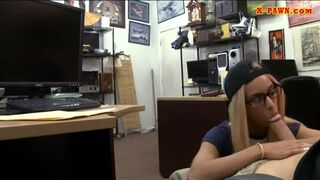 Blondie with glasses railed by pawn man to earn money