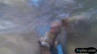 Bikini babes gives a blowjob and foursome by the pool
