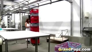 Busty teen slut fucked hard by an old guy in factory room.