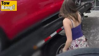 Brunnettes convertible gets towed, how can she ever pay into getting her car back