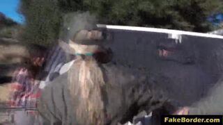 Two kinky sluts are sucking hard dick and get fucked by border patrol agent