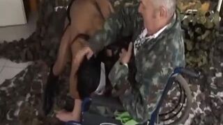 Senior in wheelchair gets head from teen and licks cunt