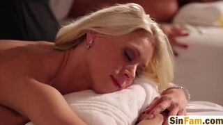 Busty and hot milfs banging hot masseur in threeway