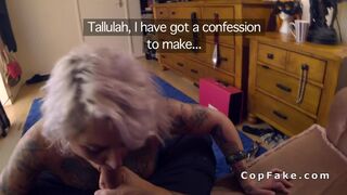 Tattooed busty Milf bangs fake cop on the sofa