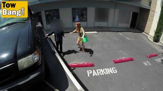 Beautiful ginger babe gets her car towed from parking lot so she needs to blow a tow diver