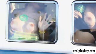 Sexy babes convinced to flash their boobies on the bus