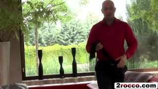 Two rock hard dick makes this brunette's cunt dripping wet