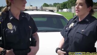 Two cougar cops sharing massive black cock outdoors