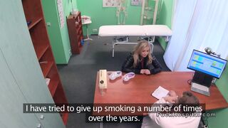 Sexy blonde patient in lingerie at doctors
