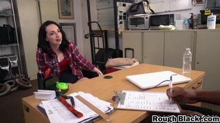 Teen deepthroats huge black schlong in office