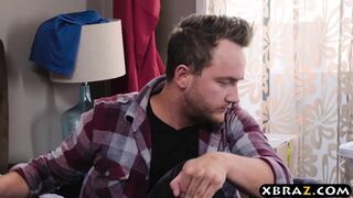 Stepmom with big tits fucks stepson while dad is downstairs