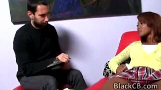 Ebony babe slut with big tits caught in interracial blow bang with bunch of white cocks