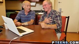 Pretty teen enjoys pleasing two old guys dongs