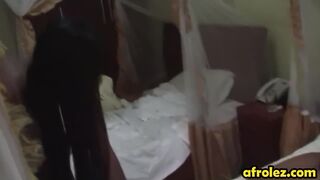Big boobs African babe rubbing hairy pussy on girlfriend's cheeky face
