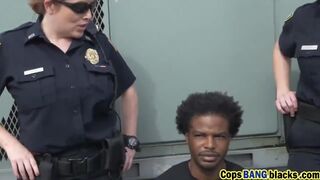 Two nasty female police officers suck large penis of a black felon then makes him licks chick's ass