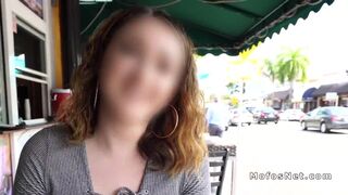 Busty beauty flashing cunt in public for money