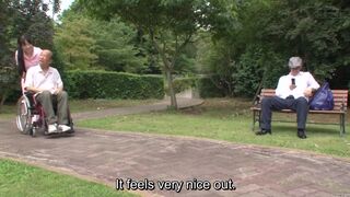 Subtitled bizarre Japanese half naked caregiver outdoors