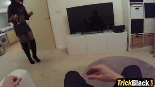Tattooed policemen takes full control over young ebony stripper and dominates her pussy