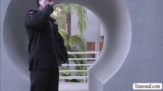 Asian Tgirl Venus Lux swallows sexy Giovannis stiff cock 