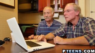Grandpas double team young brunette babe bedroom