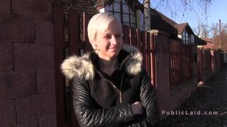 Blonde pulls down panties and fucks in public
