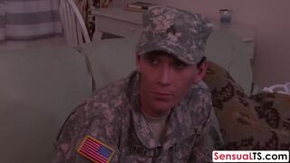 Big cock lady boy Linda got back from army life shared sensual missionary with milf