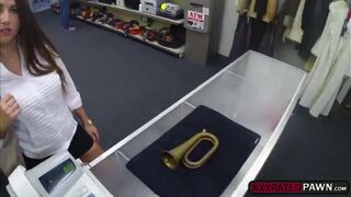A brunette customer gets her pussy fucked in the office