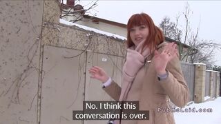German redhead beauty fucks in car in public