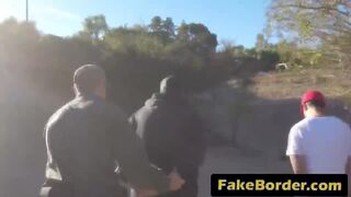 Two border agents in a threeway fuck with a sexy brunette immigrant slut