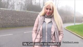 Blonde gets cock between big tits in public